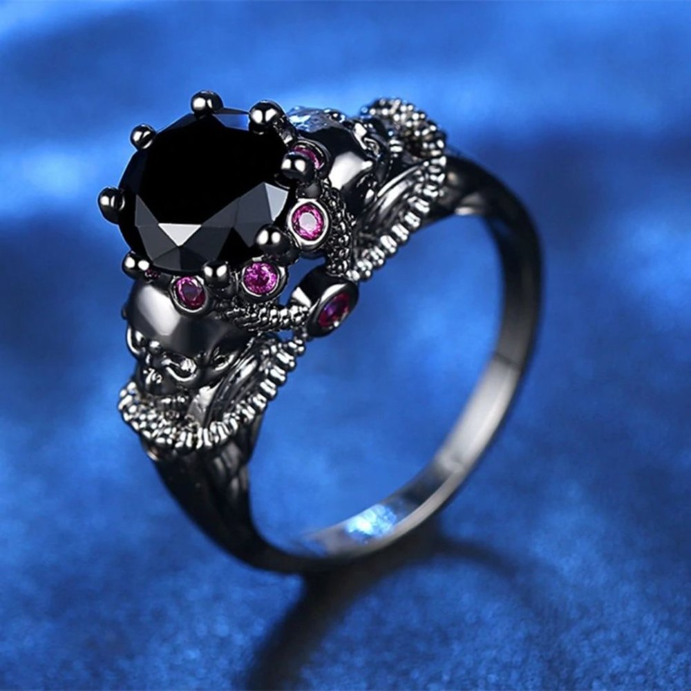 Black Zircon Skull Punk Rock Gothic Halo Ring - Picture 2 of 4